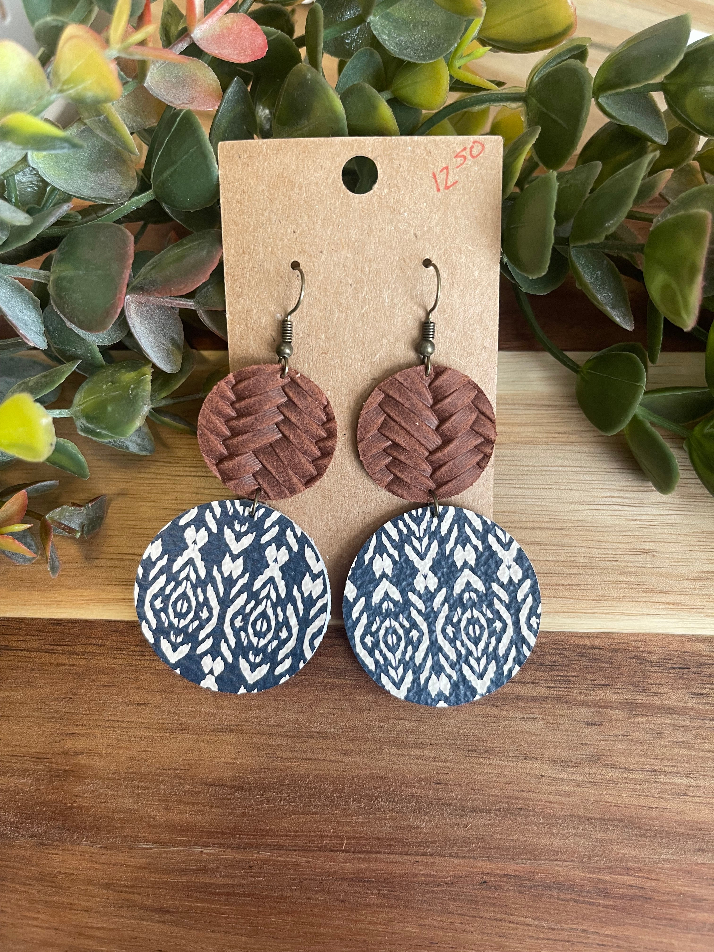 Black or Blue leather boho circle earrings.