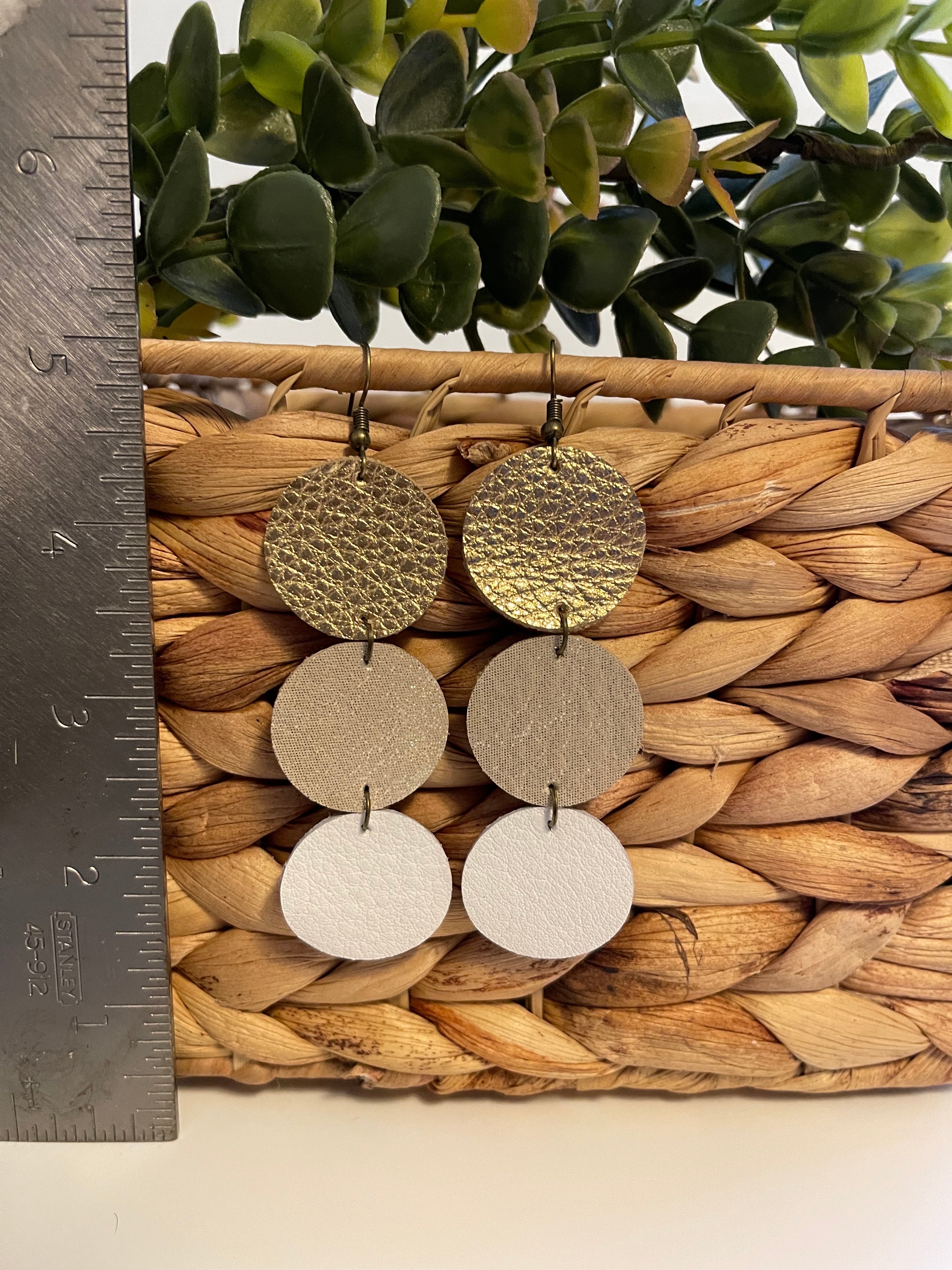 Leather circle Earrings. Stacked gold and white earrings