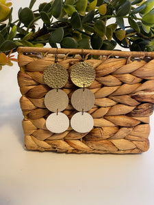 Leather circle Earrings. Stacked gold and white earrings