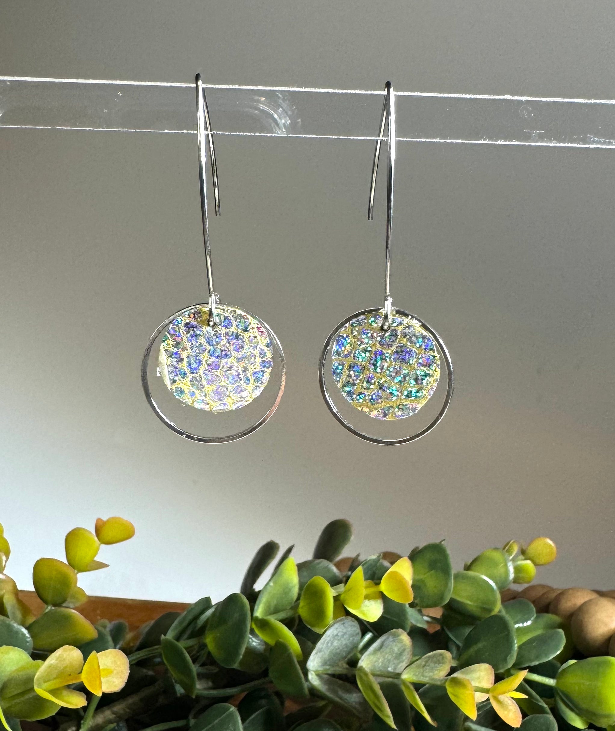 Small iridescent leather silver earrings