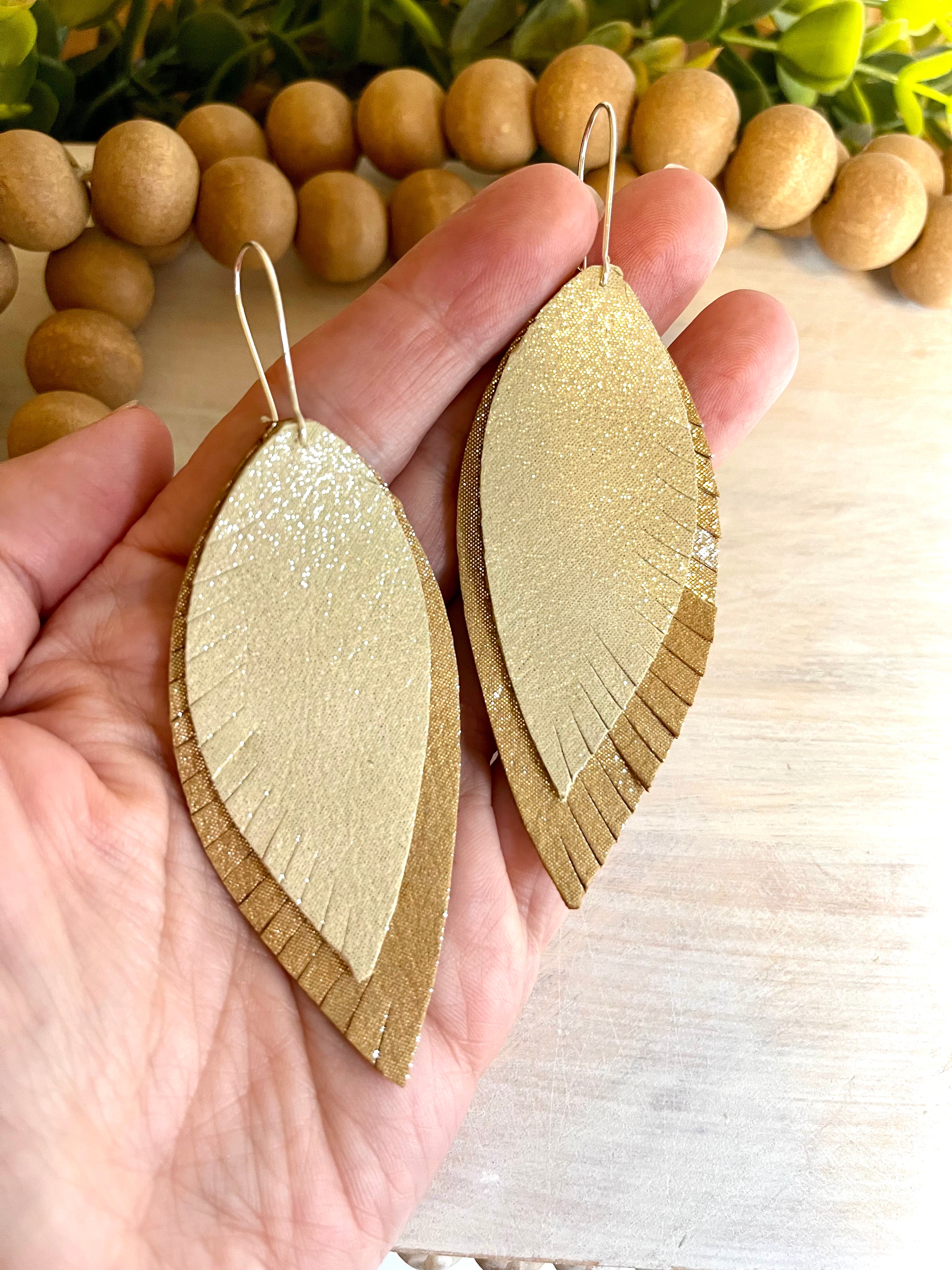 Tan and Gold leather metallic earrings