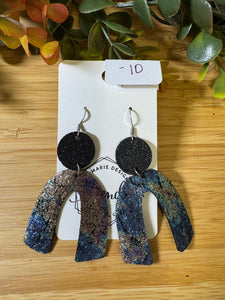 Navy floral and Black arched leather earrings