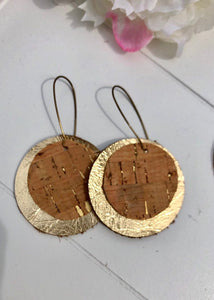 Leather cork earrings. Layered circle. Gold leather and cork