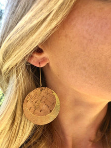 Leather cork earrings. Layered circle. Gold leather and cork