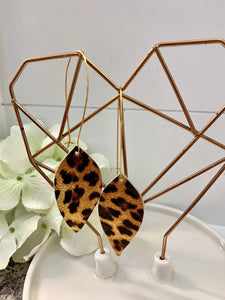 Leather Leopard print earrings, leaf-shaped.