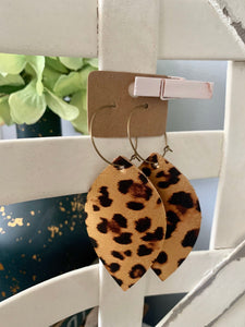 Leather Leopard Print Hoop Earrings. Leather Leaf Shaped Metallic