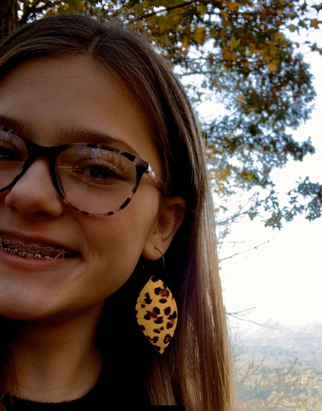 Leather Leopard Print Hoop Earrings. Leather Leaf Shaped Metallic