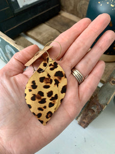 Leather Leopard Print Hoop Earrings. Leather Leaf Shaped Metallic