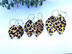 Leather Leopard Print Hoop Earrings. Leather Leaf Shaped Metallic