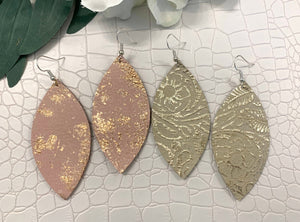 Metallic leather leaf-shaped earrings. Pink and rose gold metallic leather. Cream and silver