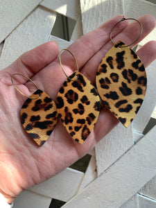 Leather Leopard Print Hoop Earrings. Leather Leaf Shaped Metallic