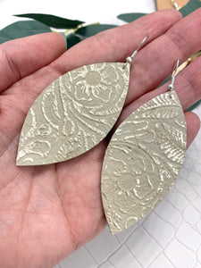 Metallic leather leaf-shaped earrings. Pink and rose gold metallic leather. Cream and silver