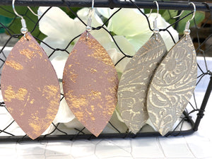 Metallic leather leaf-shaped earrings. Pink and rose gold metallic leather. Cream and silver