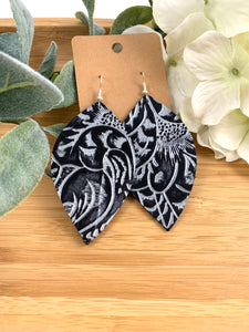 Western print leather earrings. Black and silver leather embossed earrings.