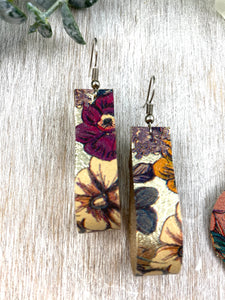 Floral leather earrings. Metallic floral earrings.