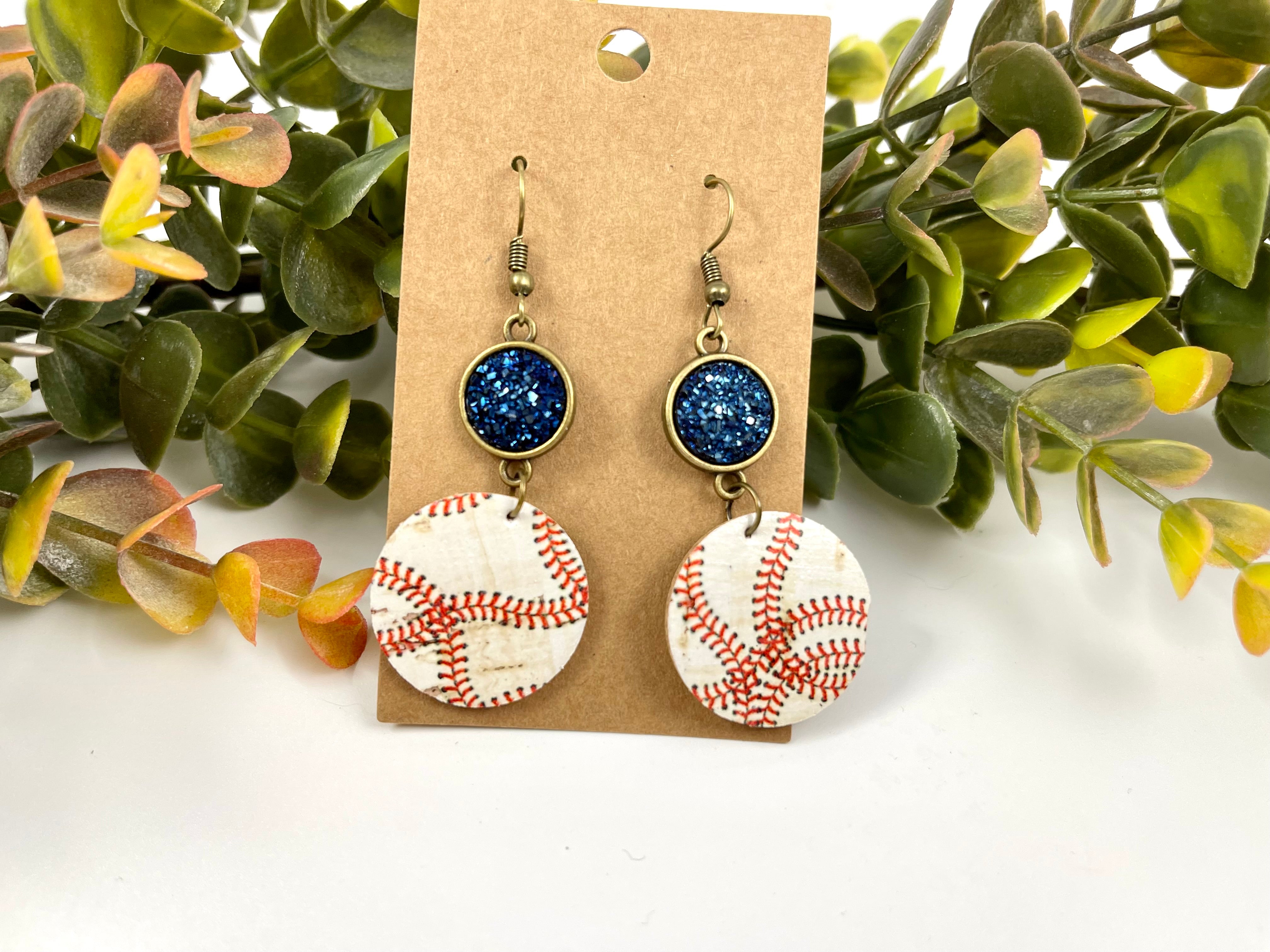 Baseball cork earrings with navy druzy accents