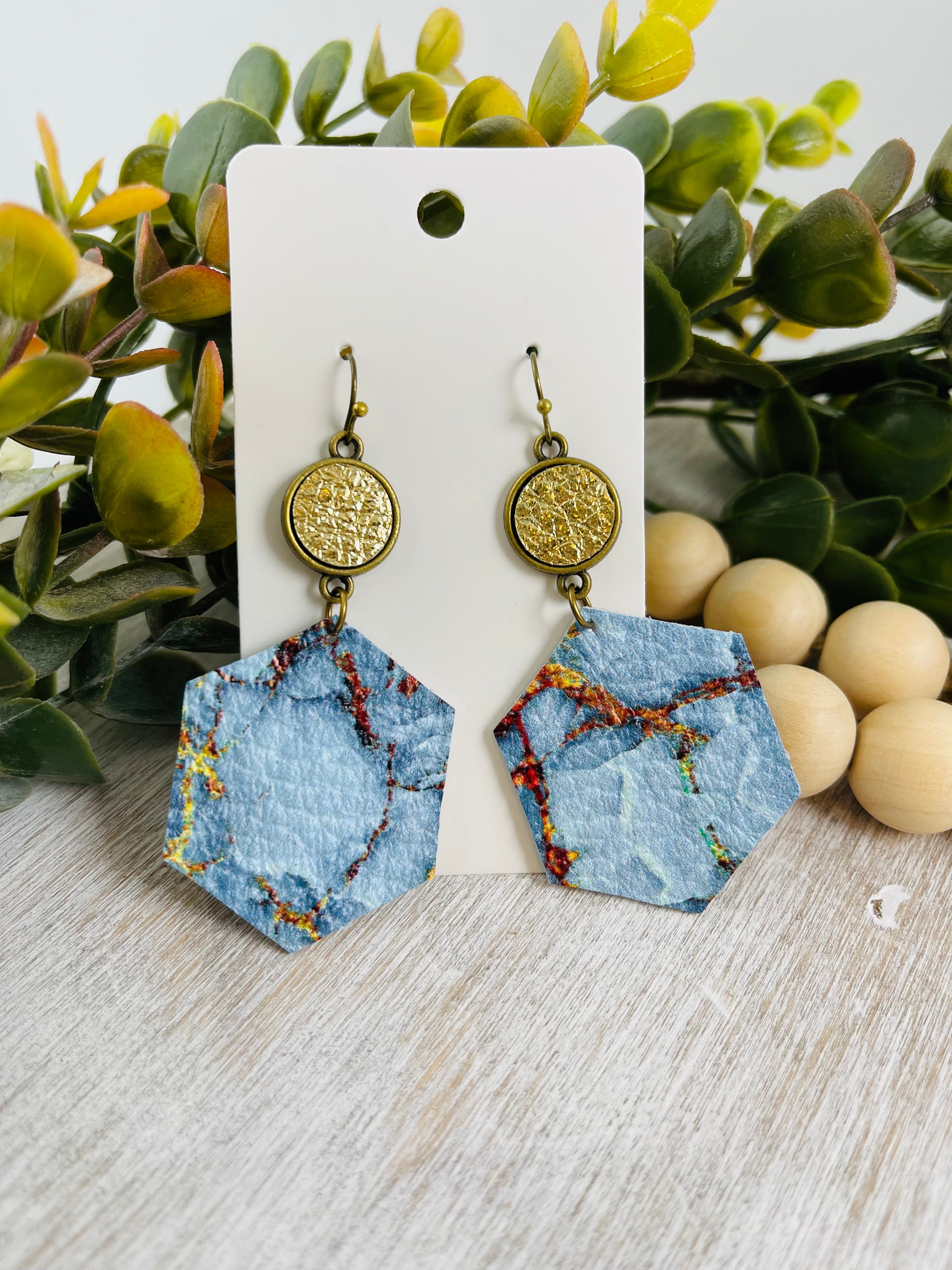 Sky blue & Gold leather earrings.