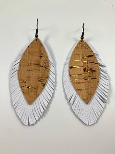 White leather and cork fringe earrings. Genuine leather