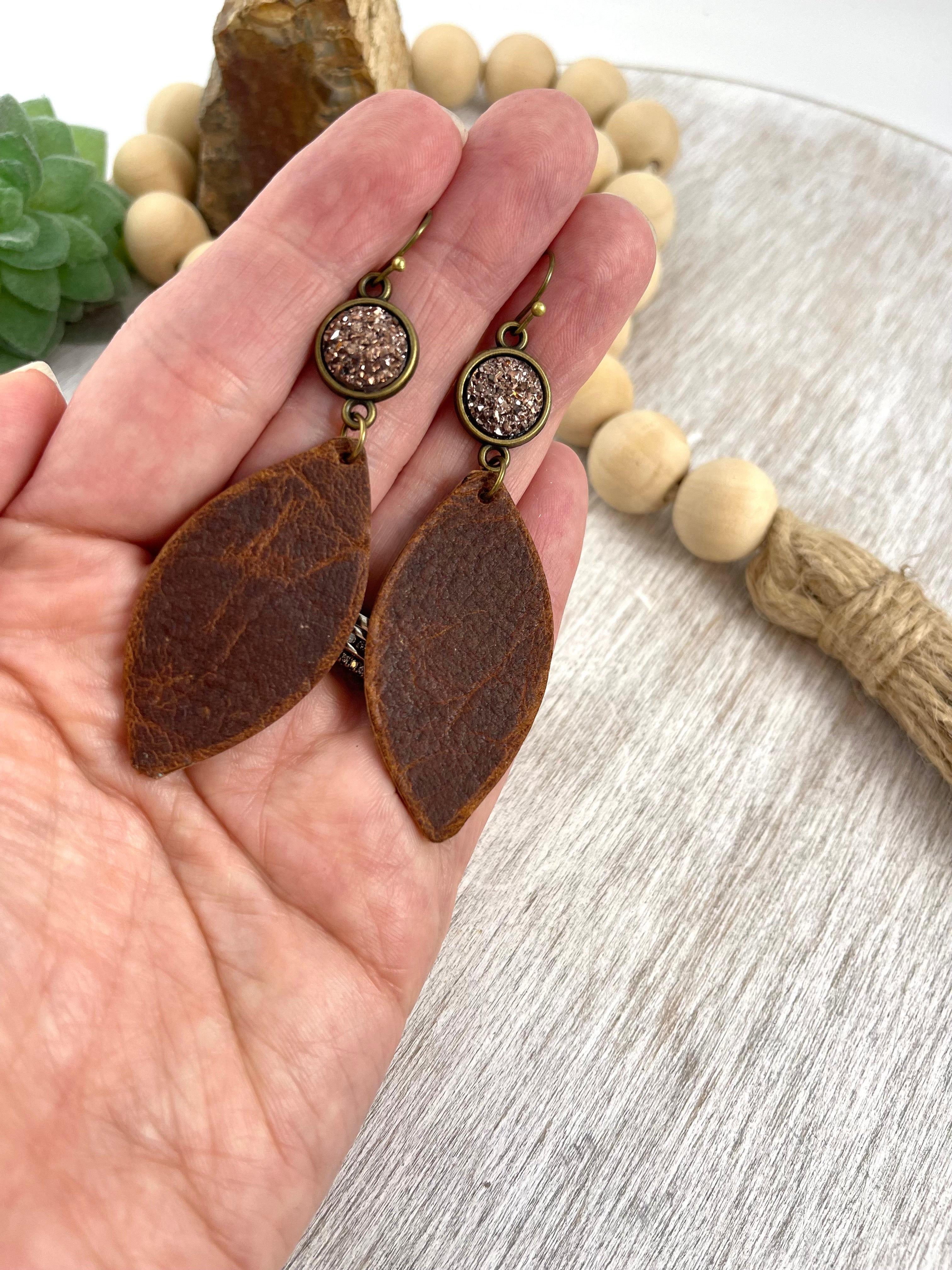 Distressed leather earrings. Brown leather with Rose Gold Druzy.