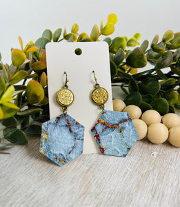 Sky blue & Gold leather earrings.