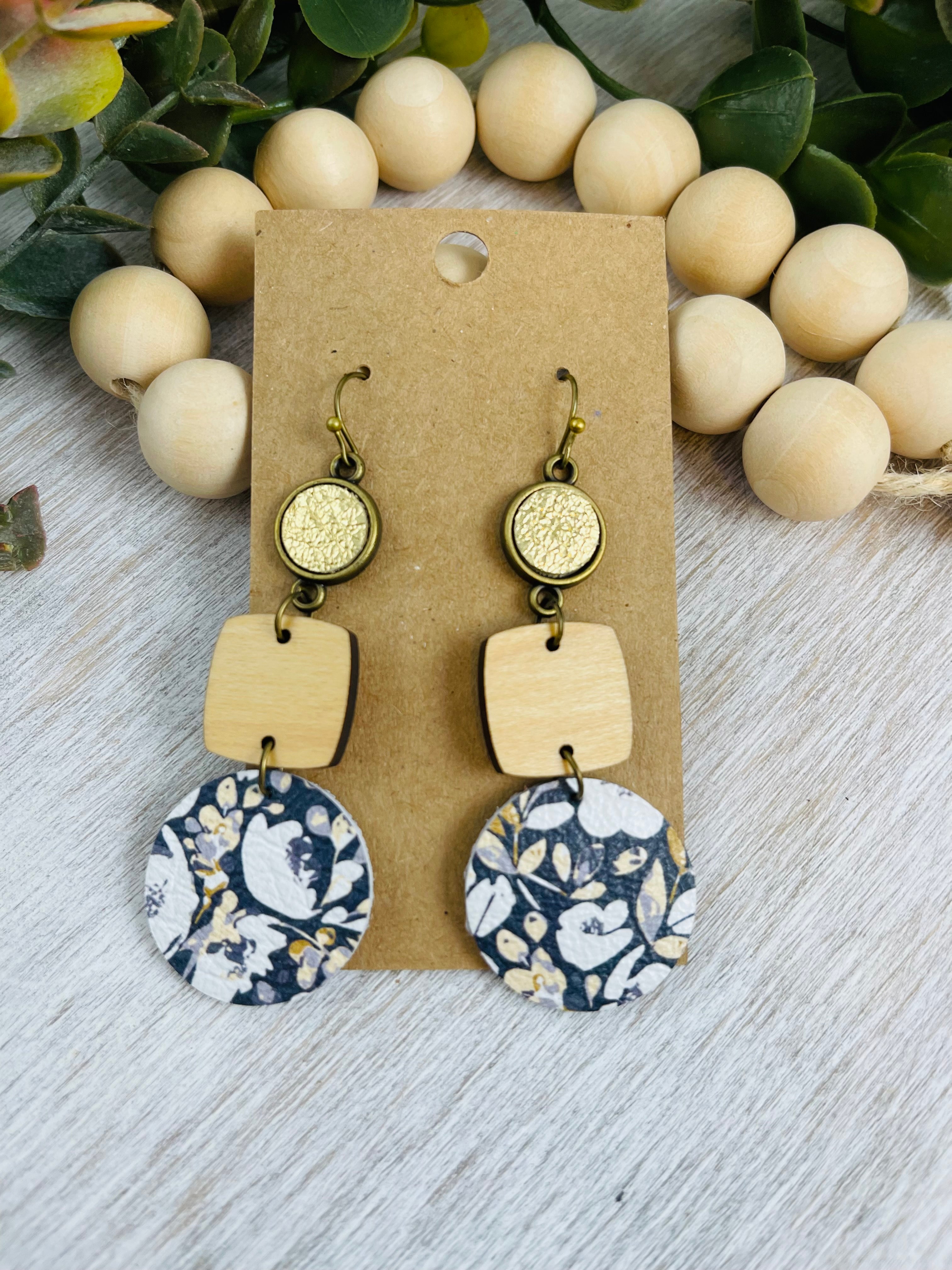 Navy Floral leather earrings with wood accents.