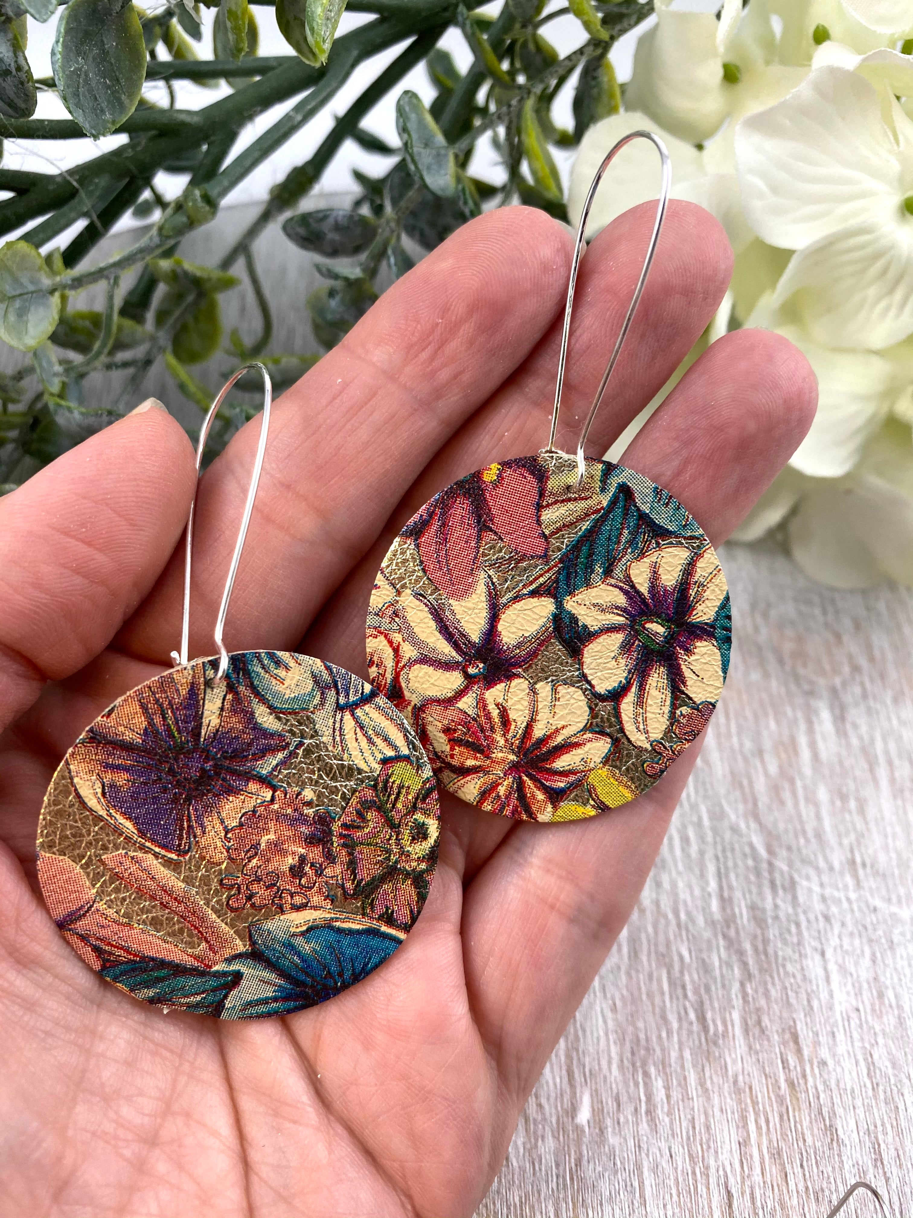 Floral leather earrings. Metallic floral earrings.