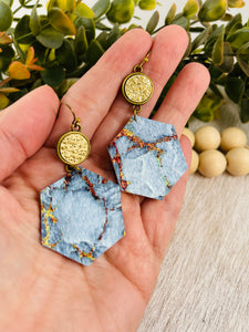 Sky blue & Gold leather earrings.