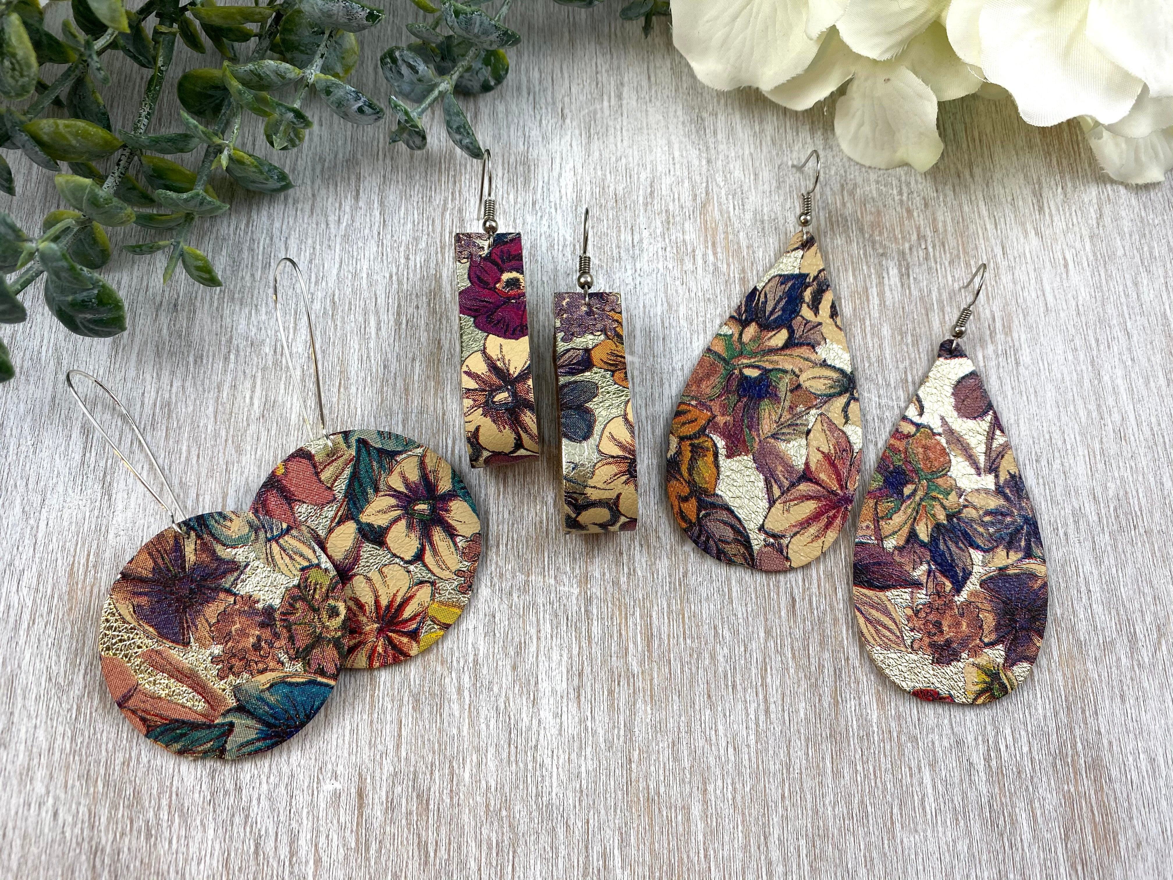 Floral leather earrings. Metallic floral earrings.