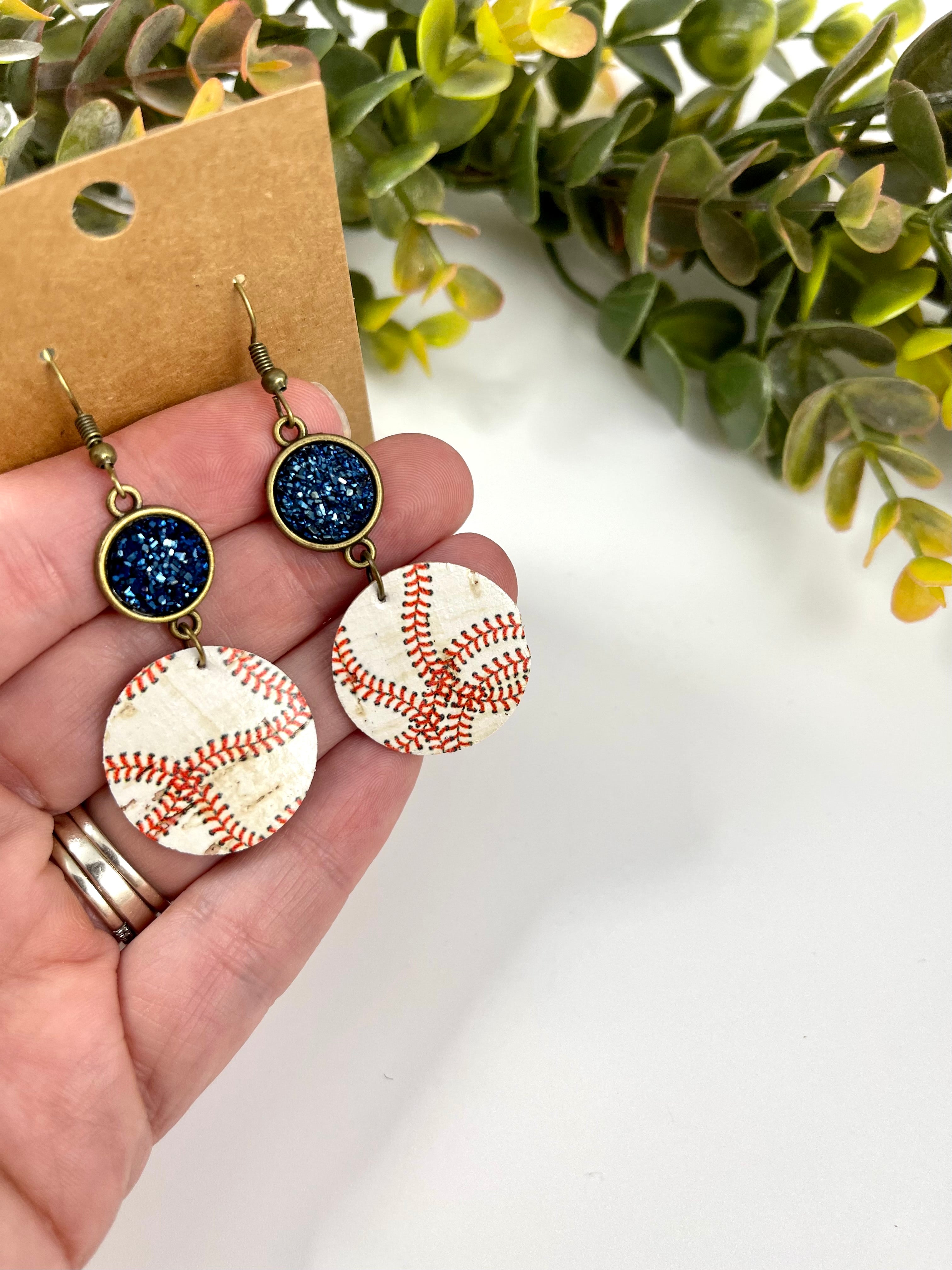 Baseball cork earrings with navy druzy accents