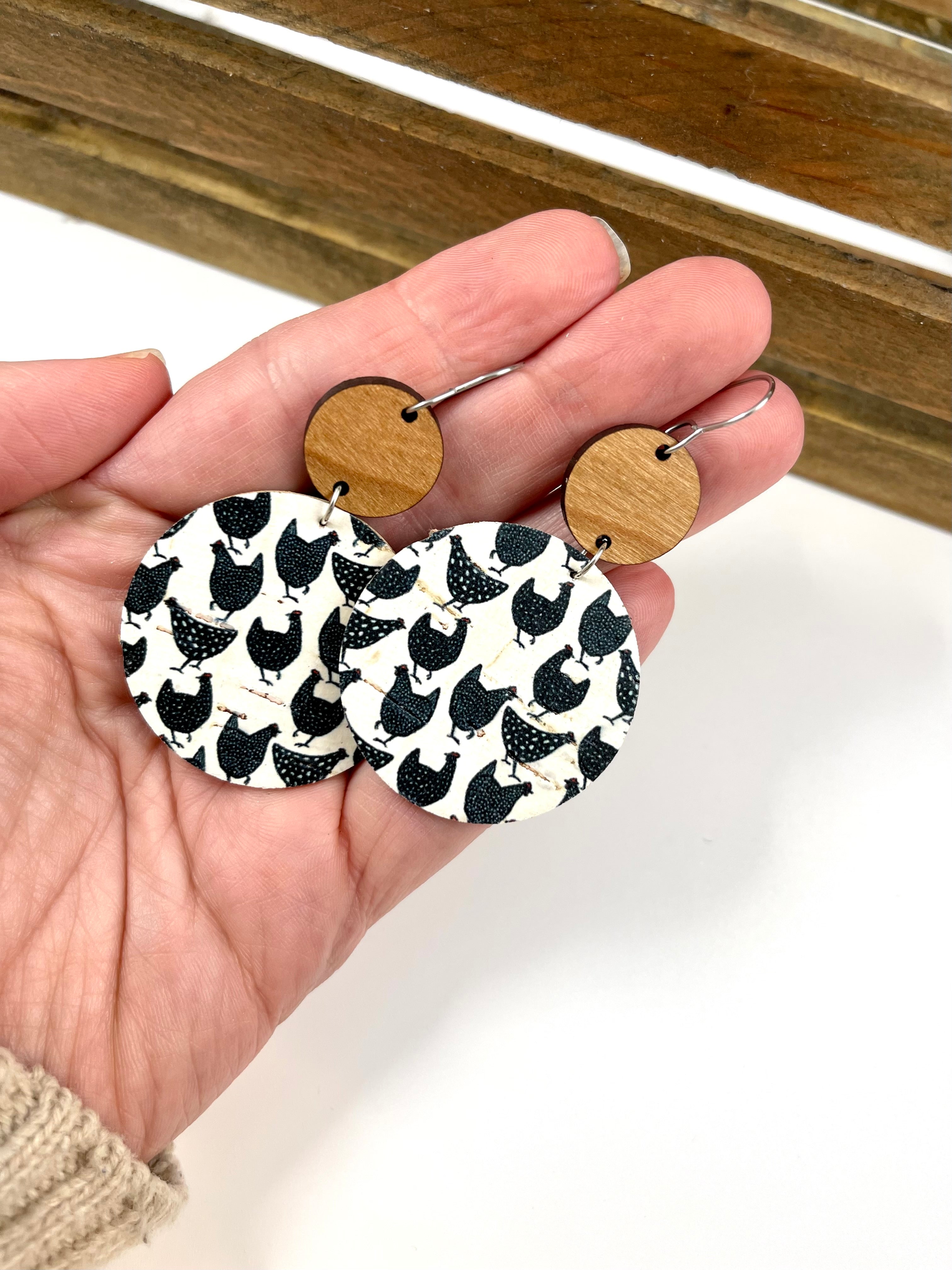 Chicken earrings | Cork and leather chicken earrings | farmgirl | black and white cork earrings.