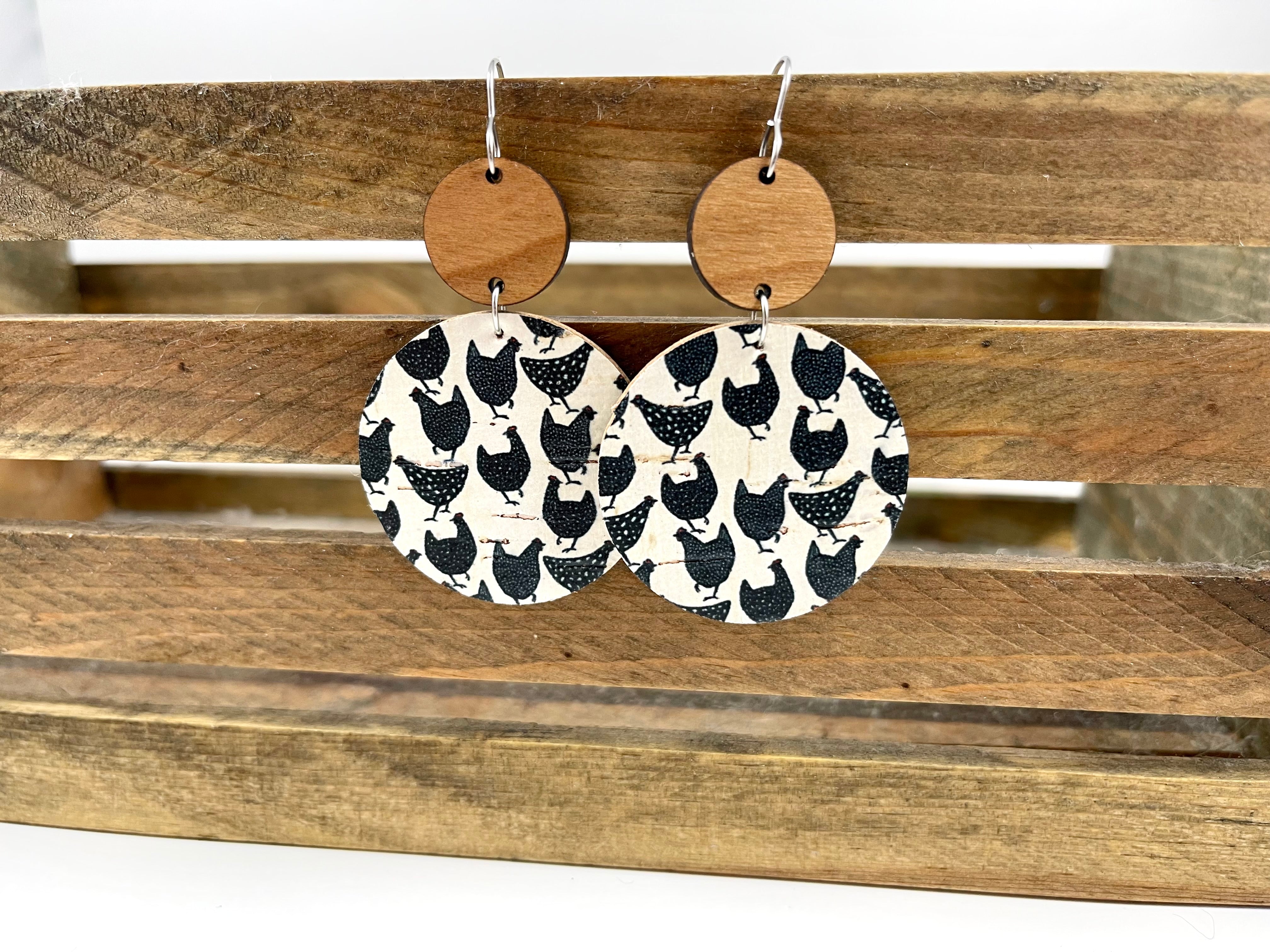 Chicken earrings | Cork and leather chicken earrings | farmgirl | black and white cork earrings.