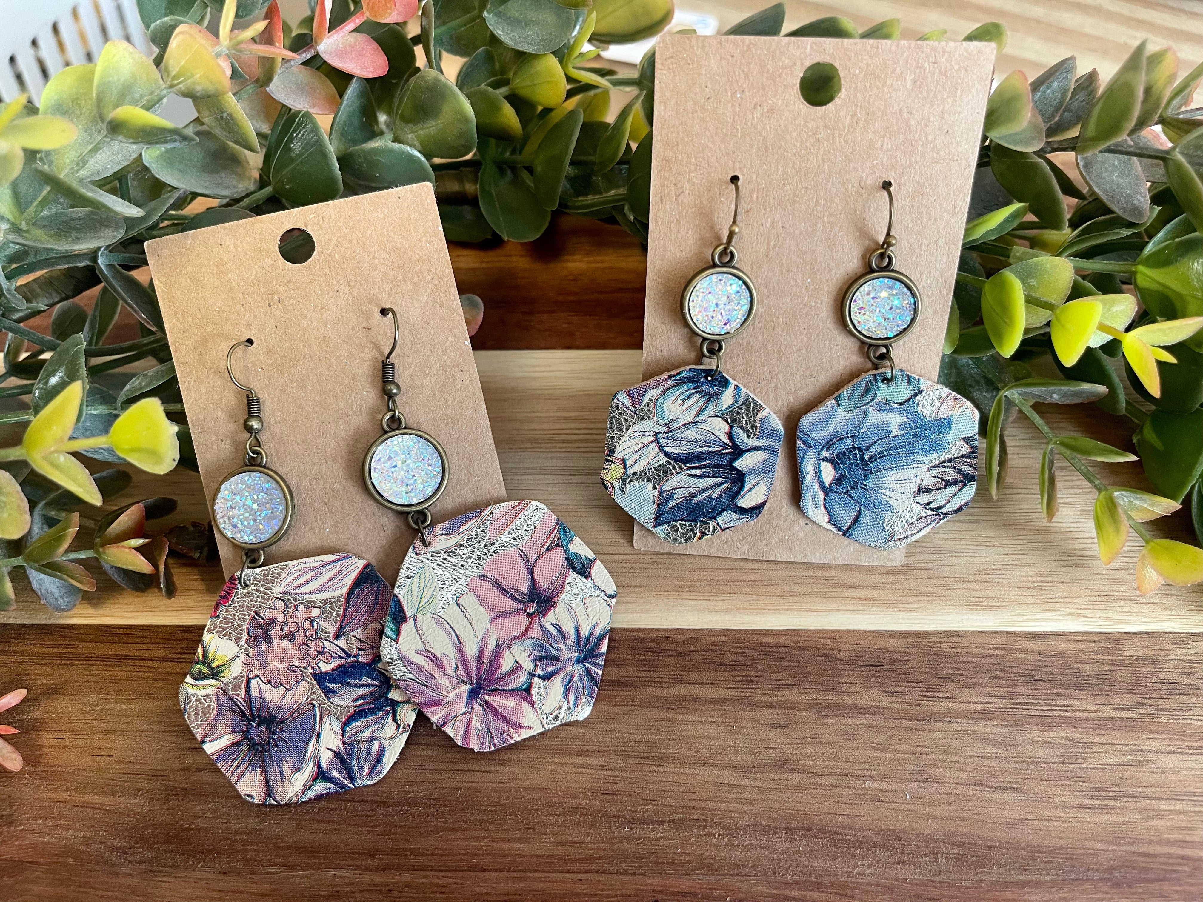 Floral leather earrings. Metallic floral earrings.