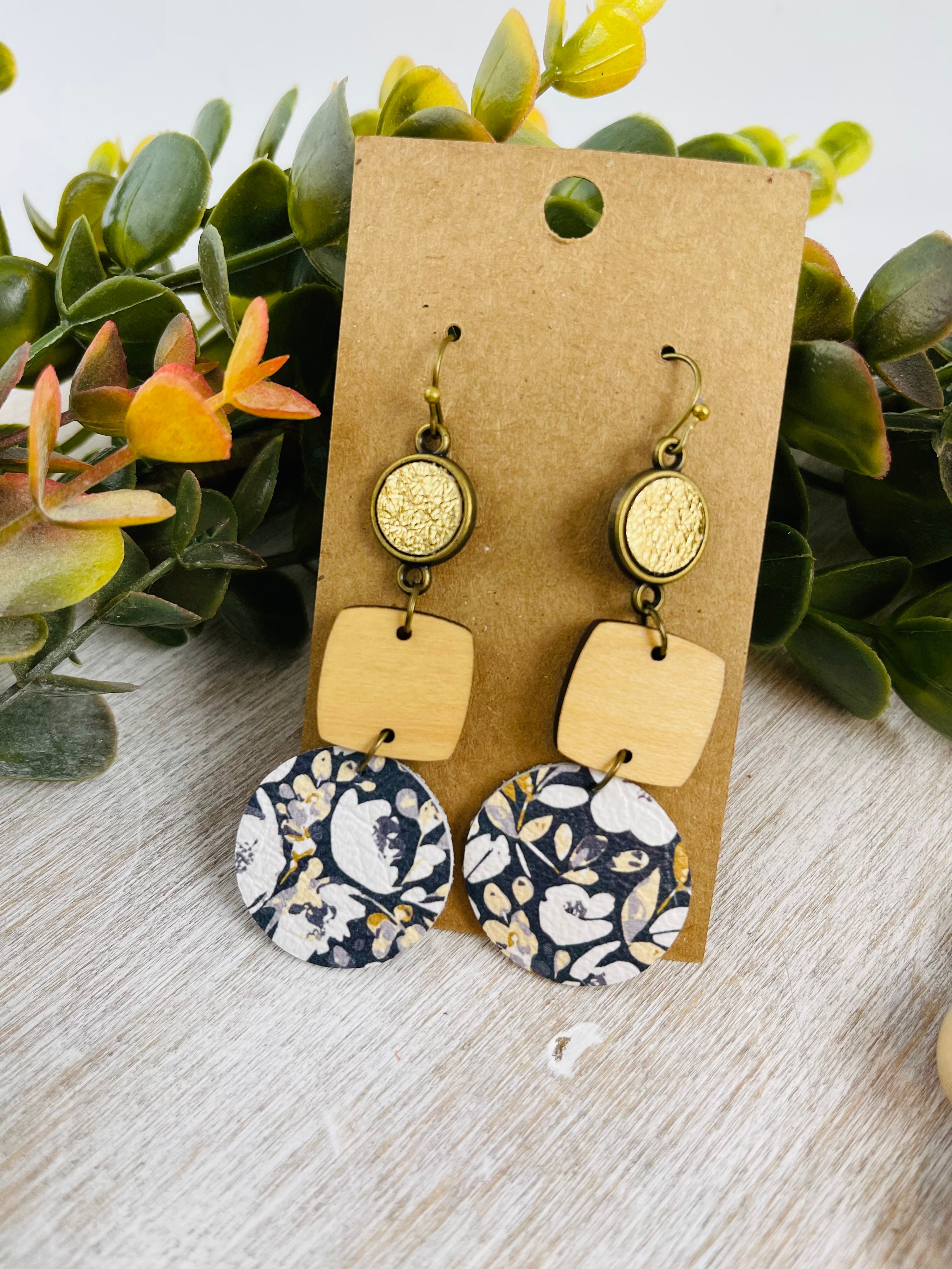 Navy Floral leather earrings with wood accents.