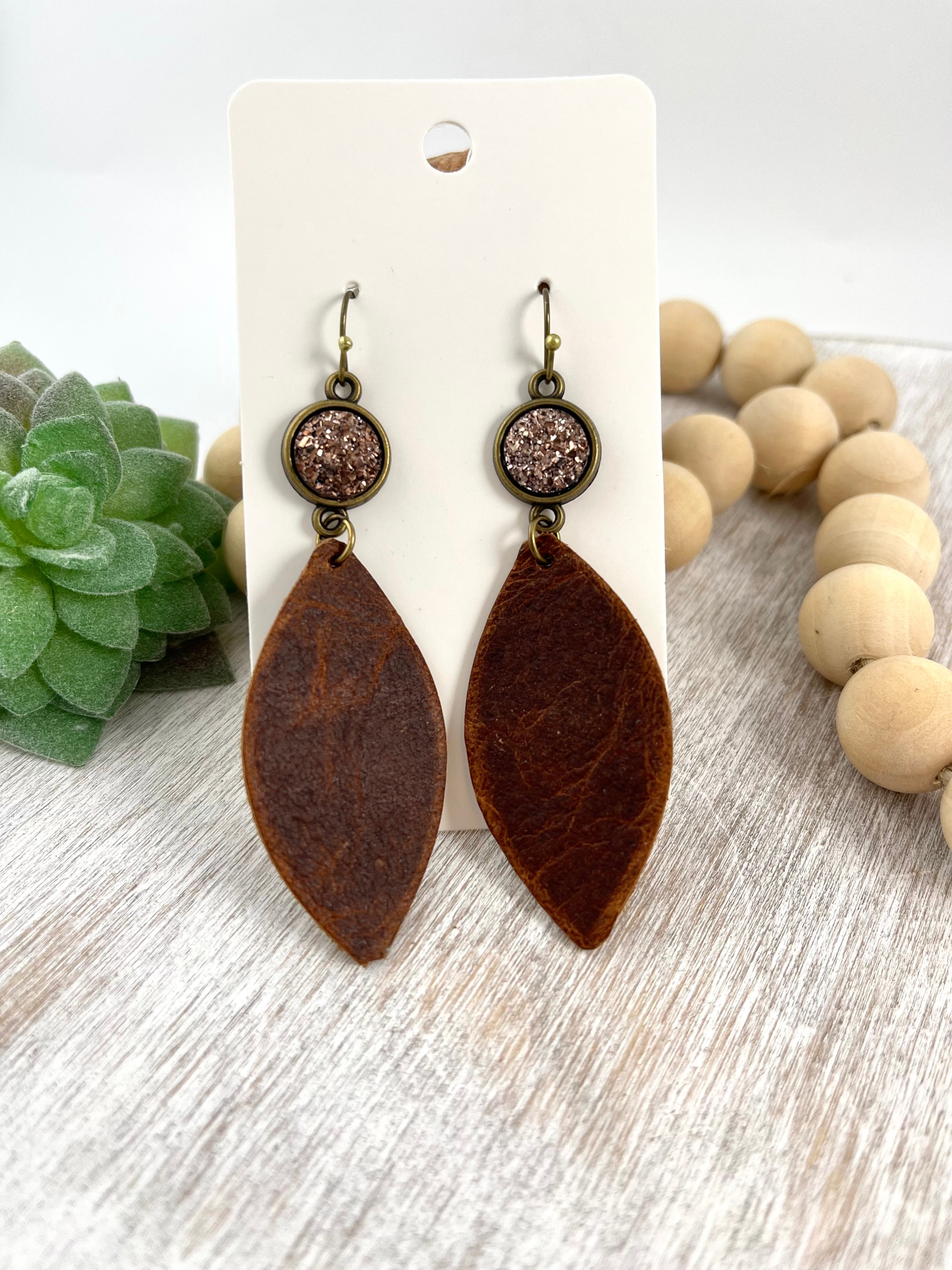 Distressed leather earrings. Brown leather with Rose Gold Druzy.