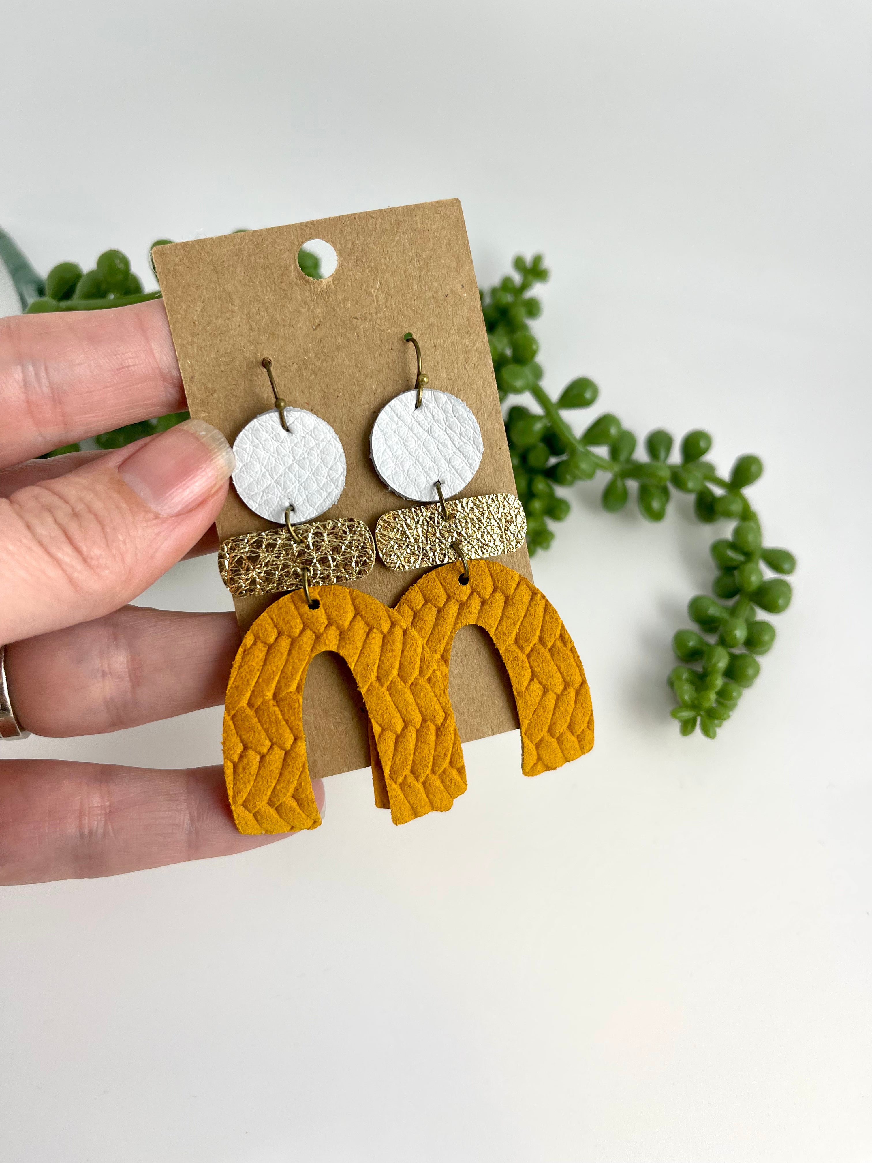 Gold & White leather Arch earrings