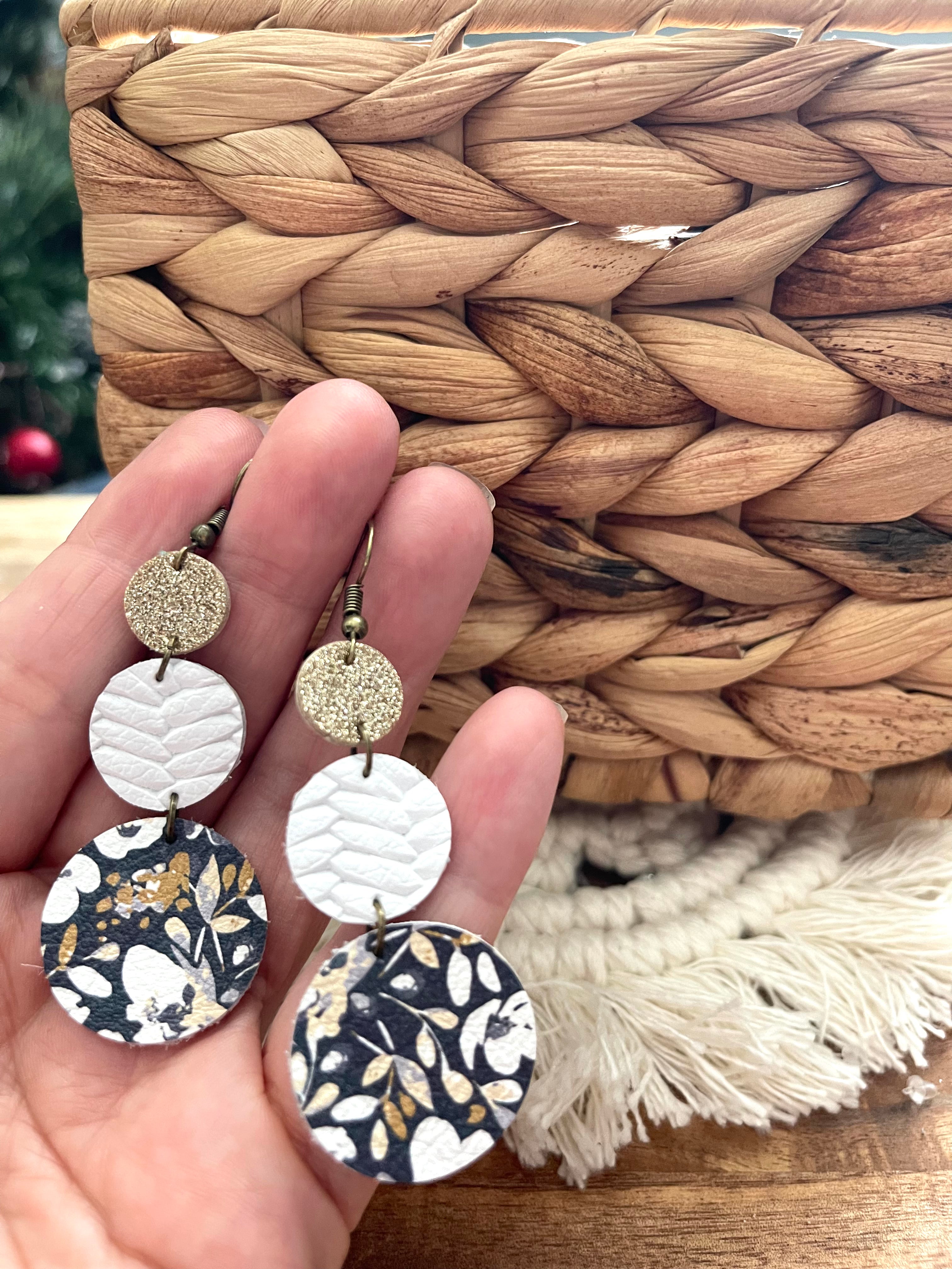 Navy and Gold floral leather earrings