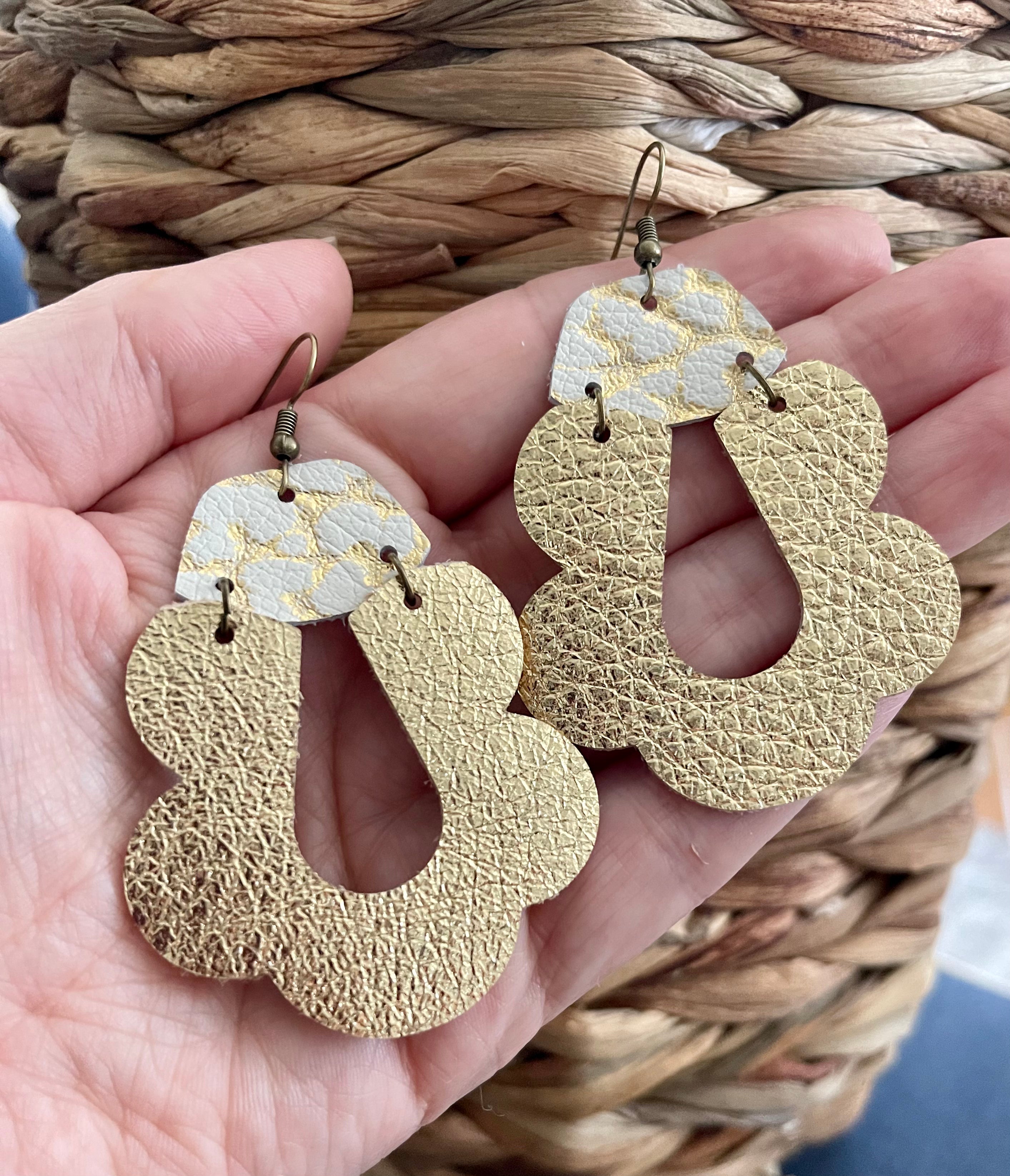 Large Gold and White scallop leather earrings.