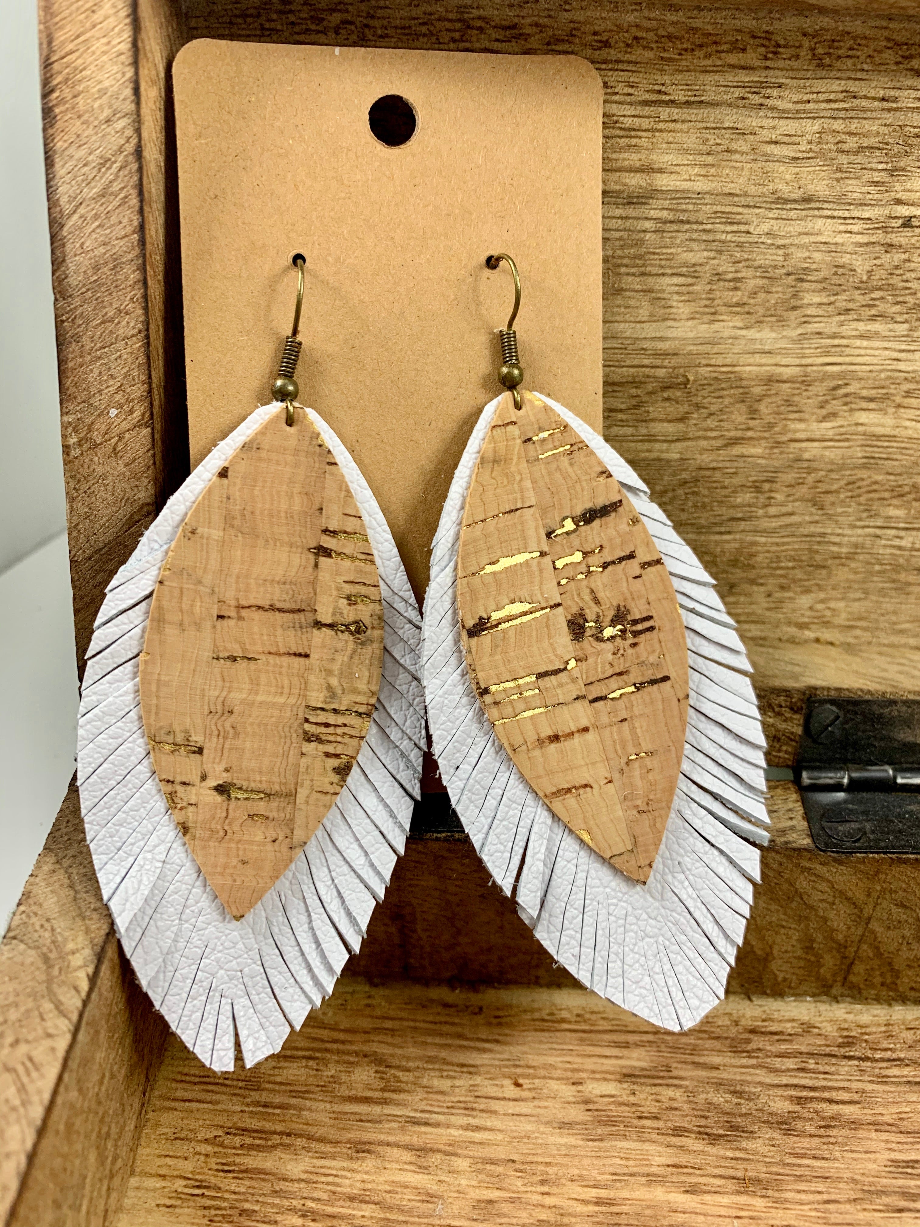 White leather and cork fringe earrings. Genuine leather