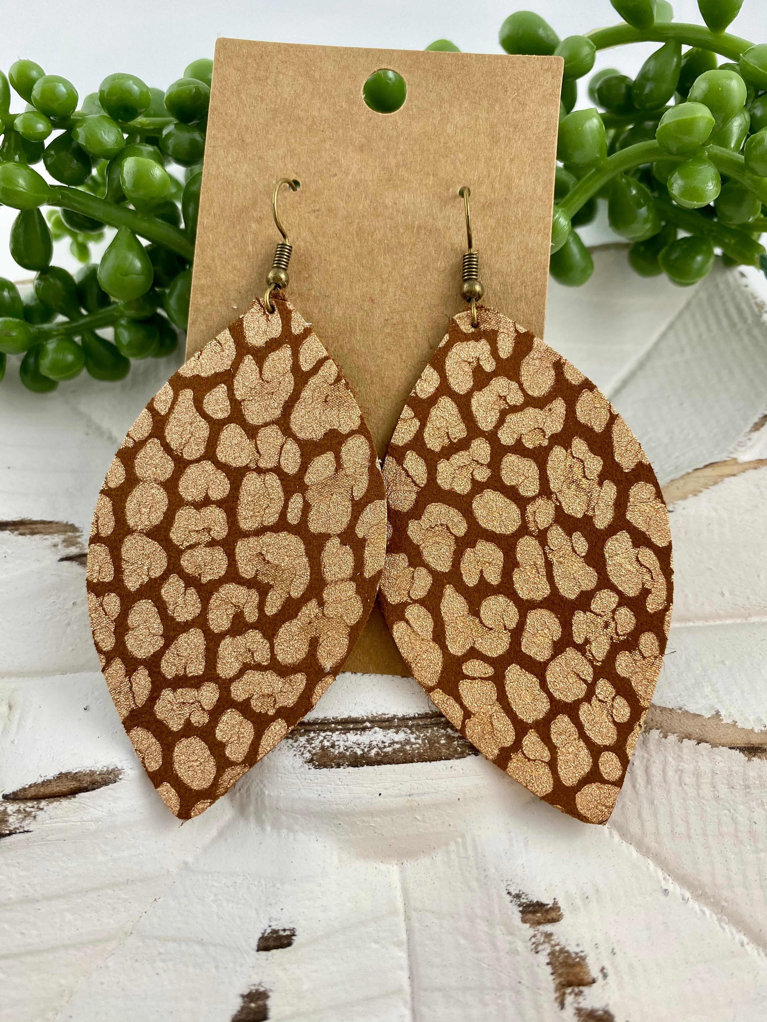 Rose Gold Leather Leopard Earrings