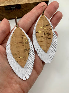 White leather and cork fringe earrings. Genuine leather